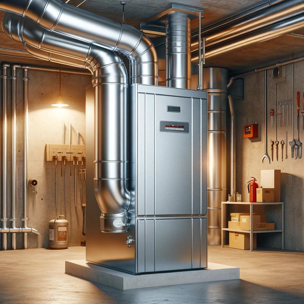 A modern furnace installed in a basement